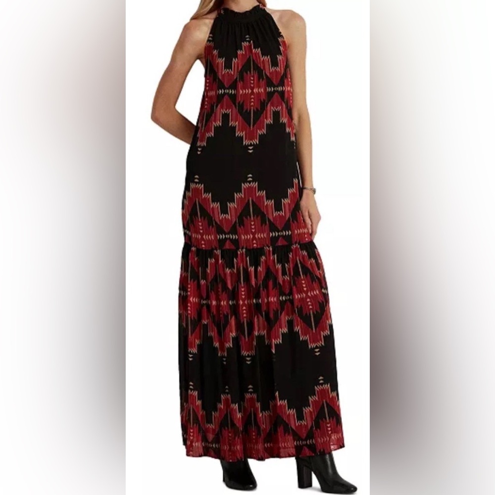Lauren Ralph Lauren Womens Dress sz 14 Label Aztec Western Print Georgette Maxi
